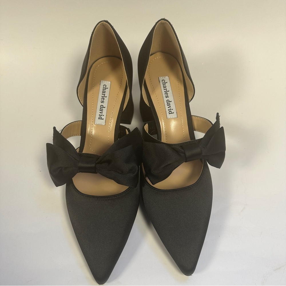 Size 9.5 Charles David Black Satin Bow D’Orsay Heels Pointed Toe Pumps Size NIB